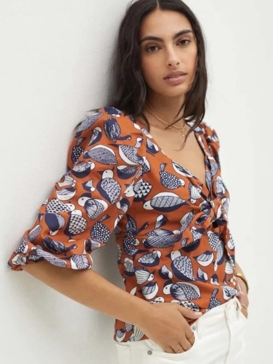 Eva Franco Tops - Anthropologie Eva Franco Whimsical Bird Puff Sleeve Sweetheart Blouse Size 6